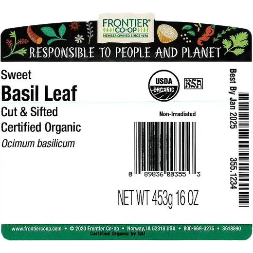 Frontier Co-op Sweet Basil Leaf, Cut & Sifted, Organic 1 lb.