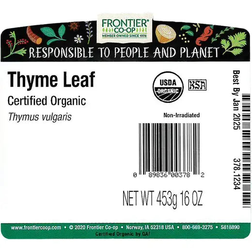 Frontier Co-op Fancy-Grade Thyme Leaf, Whole, Organic 1 lb.