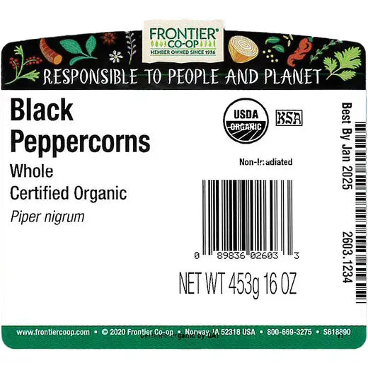 Frontier Co-op Black Peppercorns, Organic 1 lb.