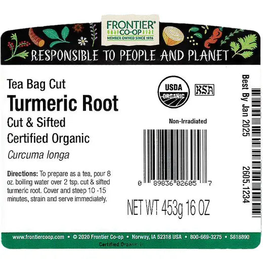 Frontier Co-op Turmeric Root, Cut & Sifted (Tea Bag Cut), Organic 1 lb.