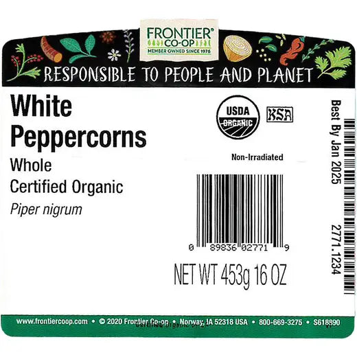 Frontier Co-op White Peppercorns, Organic 1 lb.